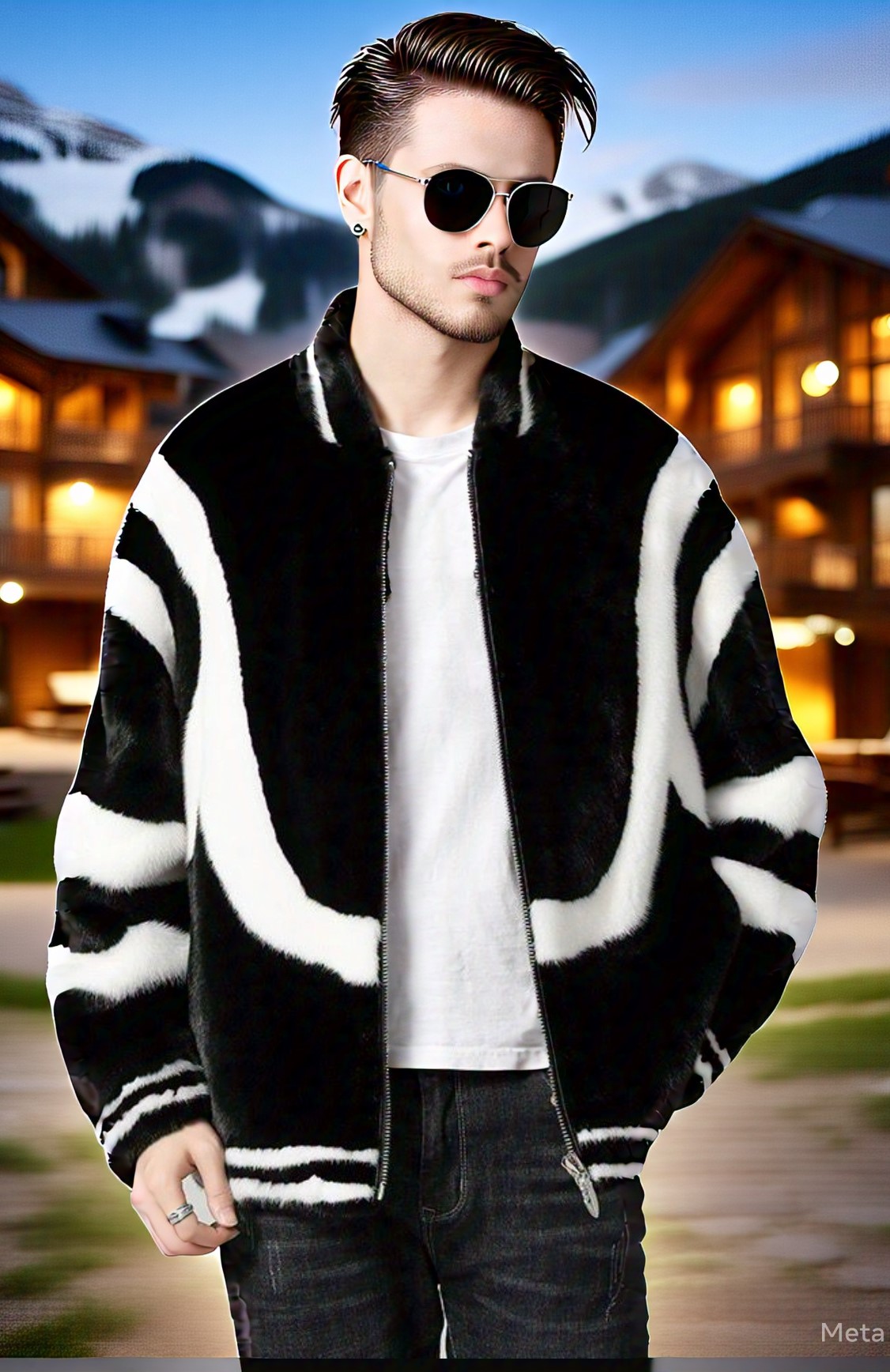 Men's Black and White Mink Bomber Jacket