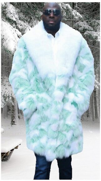Mens Mint Green Fox Fur Coat White Fox Fur Collar 6745