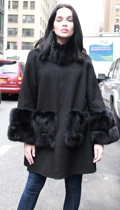 Black Cloth Coat Fox Fur Collar Fox Fur Cuffs 17743 - Image 2