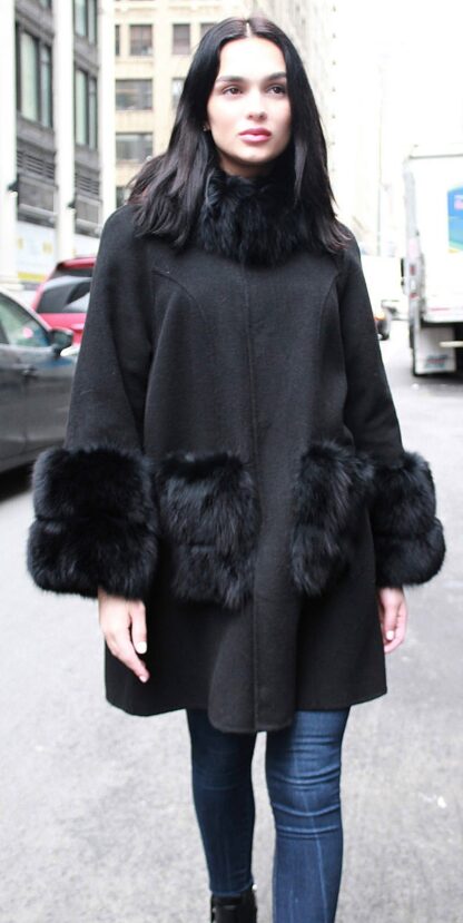 Black Cloth Coat Fox Fur Collar Fox Fur Cuffs 17743 - Image 4