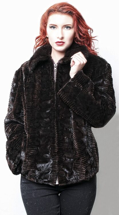 Brown Sculpted Laser Cut Sheared Mink Fur Jacket 8877 - Image 2
