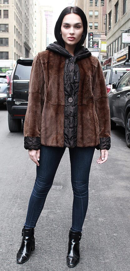 Brown Sheared Mink Fur Reversible Jacket Hood Size 4-6 42188 - Image 3