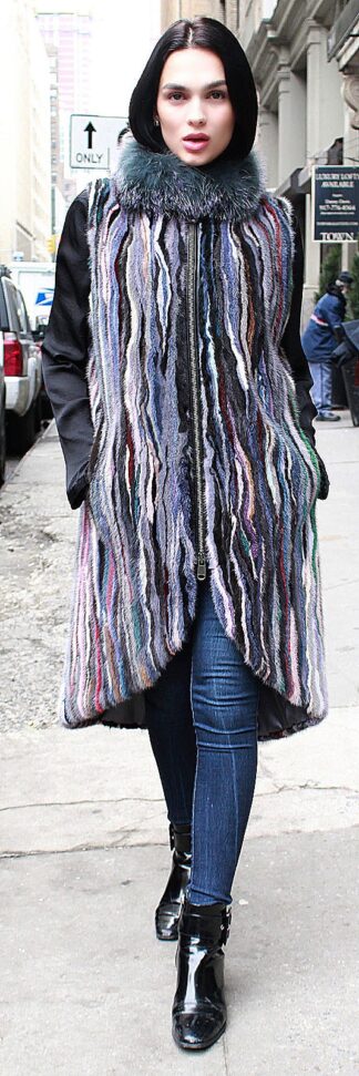Full Length Colorful Striped Vest Fox Collar 15543