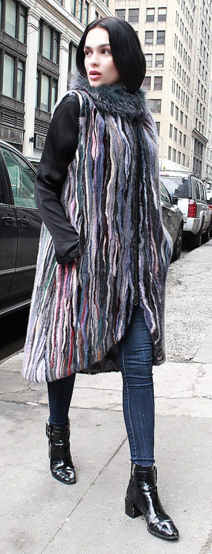 Full Length Colorful Striped Vest Fox Collar 15543 - Image 3