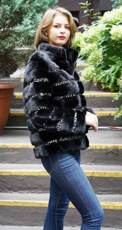 Ranch Mink Bomber Black Silver Leather Inserts 36363 - Image 4
