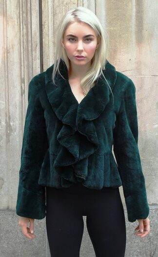 Dark Green Rex Rabbit Ruffled Jacket Size 6-8 8377