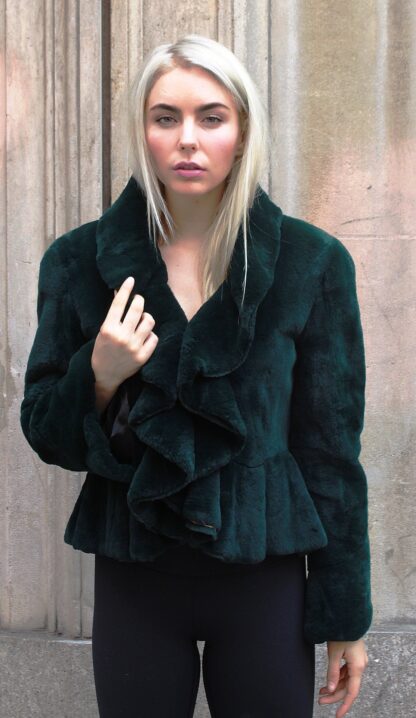 Dark Green Rex Rabbit Ruffled Jacket Size 6-8 8377 - Image 2