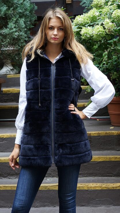 Navy Blue Rex Rabbit Fur Vest Hooded Reversible 464637