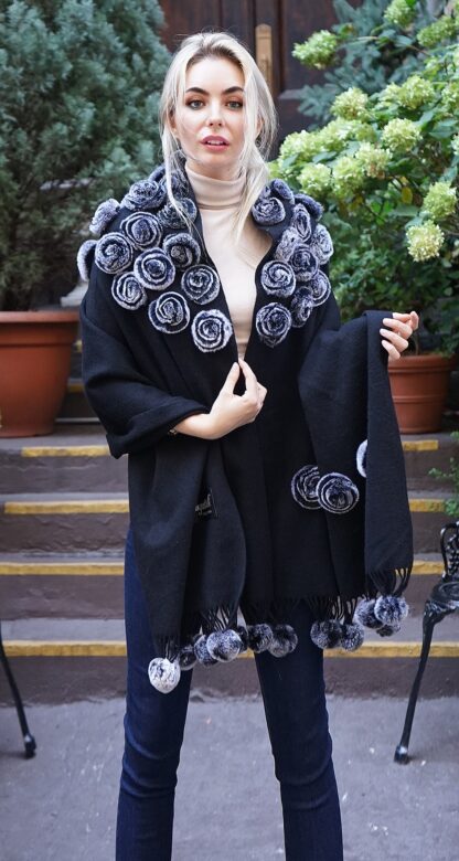 Black Wool Cashmere Cape Rex Rabbit Flowers 464646 - Image 2