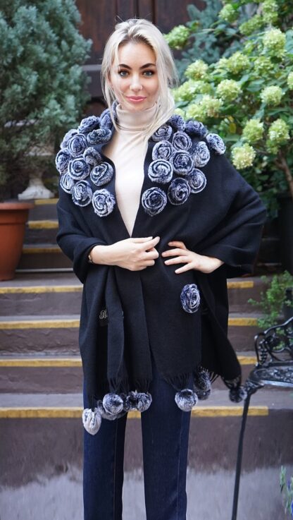 Black Wool Cashmere Cape Rex Rabbit Flowers 464646 - Image 3