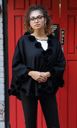 Black Cashmere Wool Cape Rex Rabbit Fur Flowers 87765
