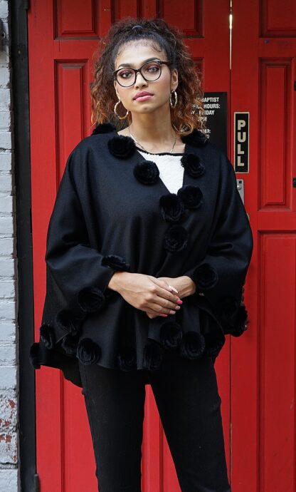 Black Cashmere Wool Cape Rex Rabbit Fur Flowers 87765