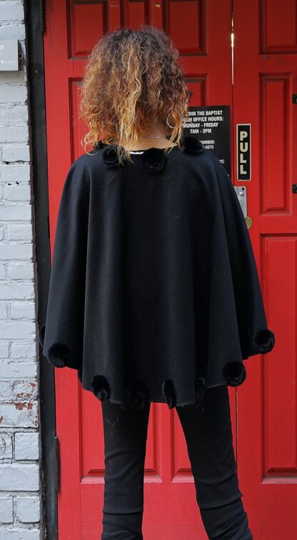 Black Cashmere Wool Cape Rex Rabbit Fur Flowers 87765 - Image 2