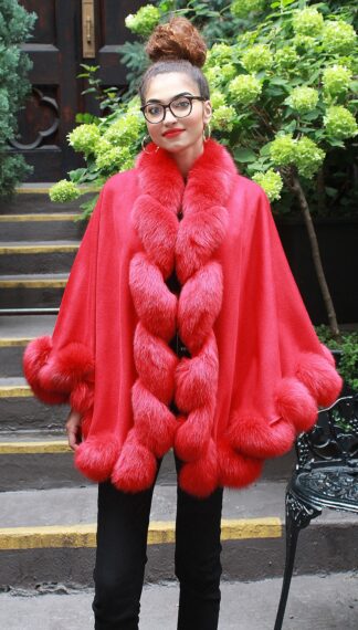 Red Cashmere Wool Cape Twisted Red Fox Trim 74747