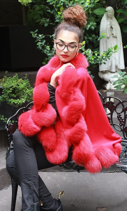 Red Cashmere Wool Cape Twisted Red Fox Trim 74747 - Image 3