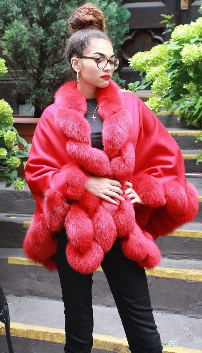 Red Cashmere Wool Cape Twisted Red Fox Trim 74747 - Image 2