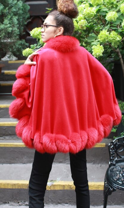 Red Cashmere Wool Cape Twisted Red Fox Trim 74747 - Image 4