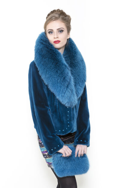 Zuki Furs Turquoise Sheared Beaver Jacket Fox Collar B388