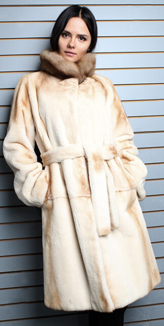 Belted Camel Colored Sheared Mink Fur Coat with Sable Collar 7775