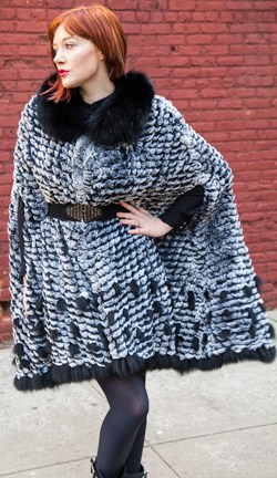 Sheared Rex Rabbit Cape Black Fox Fur Collar  7788