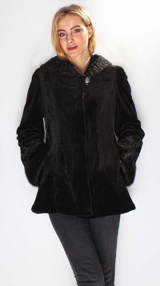 Black Mink Fur Jacket Swakara Fur Trim Collar Cuffs with Hood 5552
