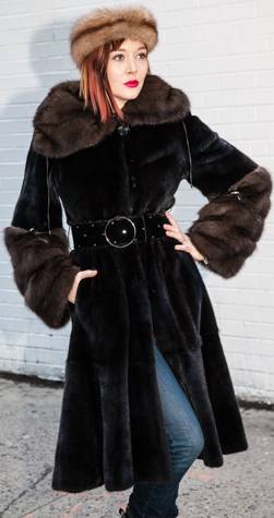 Long Dark Brown Mink Stroller with Sable Cuffs and Collar 1237