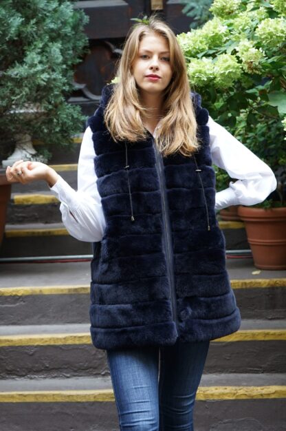 Navy Blue Rex Rabbit Fur Vest Hooded Reversible 464637 - Image 2
