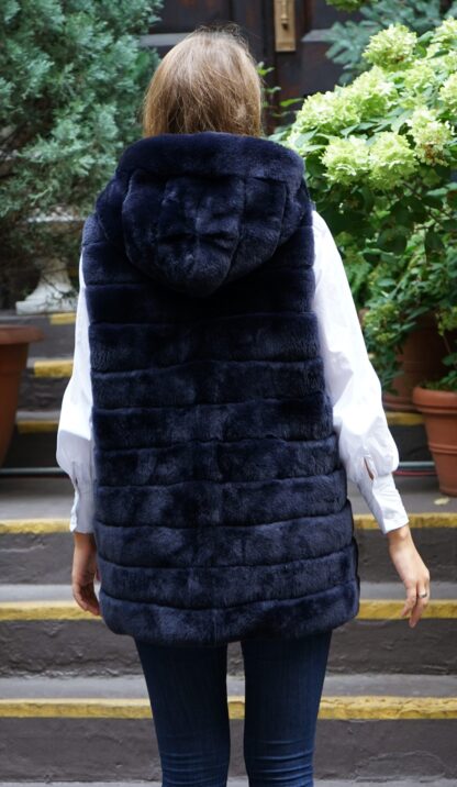 Navy Blue Rex Rabbit Fur Vest Hooded Reversible 464637 - Image 3