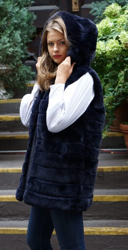 Navy Blue Rex Rabbit Fur Vest Hooded Reversible 464637 - Image 4
