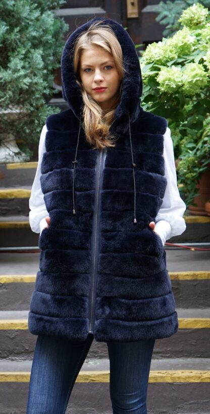 Navy Blue Rex Rabbit Fur Vest Hooded Reversible 464637 - Image 5