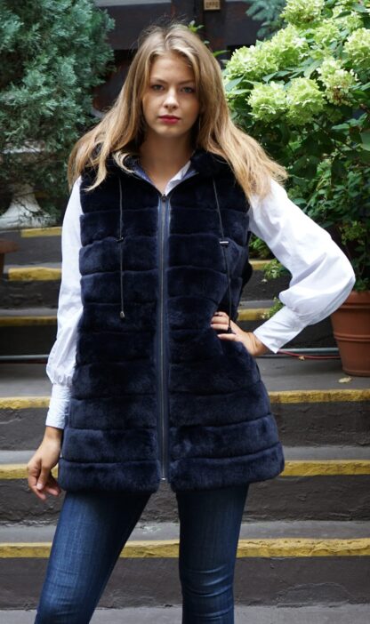 Navy Blue Rex Rabbit Fur Vest Hooded Reversible 464637 - Image 6