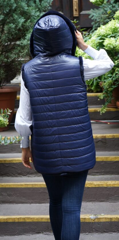Navy Blue Rex Rabbit Fur Vest Hooded Reversible 464637 - Image 7