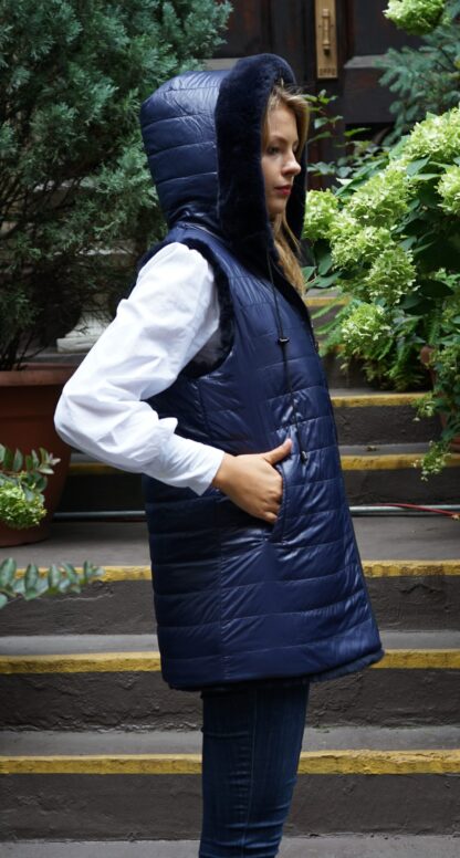 Navy Blue Rex Rabbit Fur Vest Hooded Reversible 464637 - Image 8