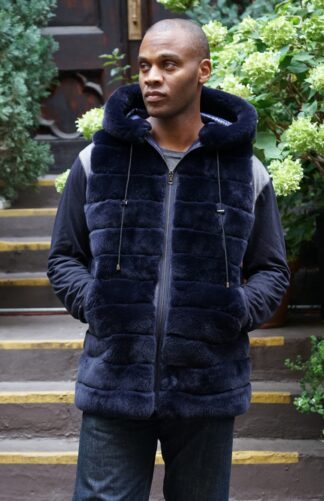 Men's Navy Blue Rex Hooded Fur Vest 73737