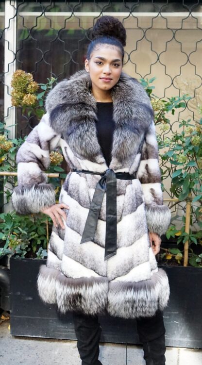 Black Cross Mink Coat Silver Fox Trim  88444 - Image 2