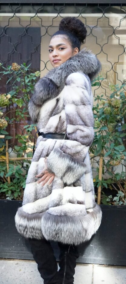 Black Cross Mink Coat Silver Fox Trim  88444 - Image 3