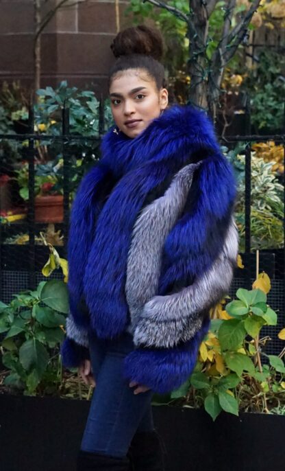 Royal Blue Fox Jacket Silver Fox Trim J3737 - Image 4