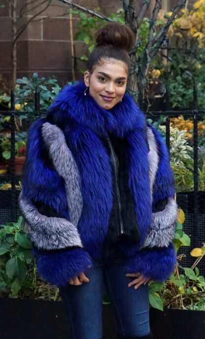 Royal Blue Fox Jacket Silver Fox Trim J3737 - Image 3