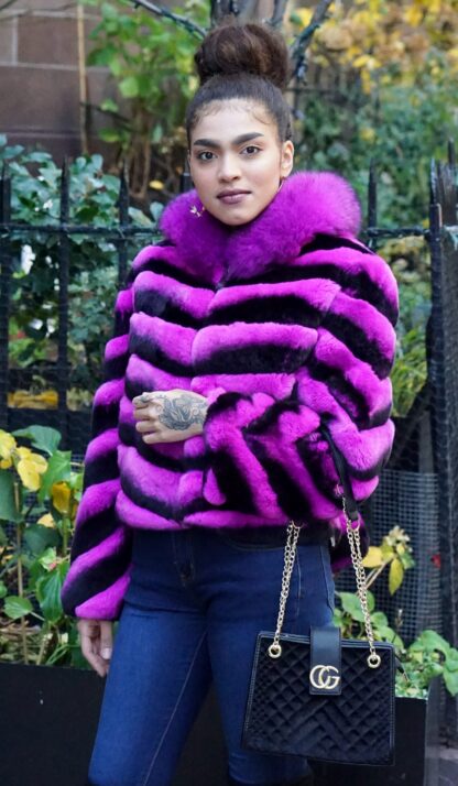 Fuchsia Rex Rabbit Hooded Jacket Fox Trim J3433 - Image 3