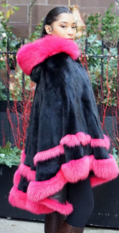 Black Mink Poncho Fuchsia Fox Trim Hooded 7665 - Image 2