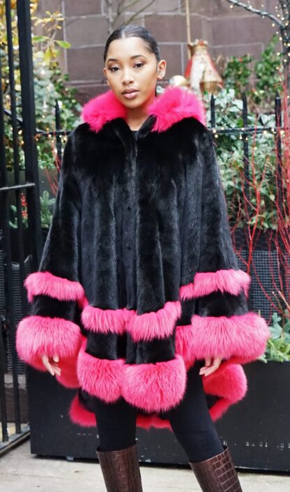 Black Mink Poncho Fuchsia Fox Trim Hooded 7665