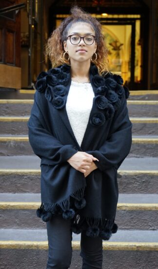 Black Wool Cashmere Cape Rex Black Rabbit Flowers 464633