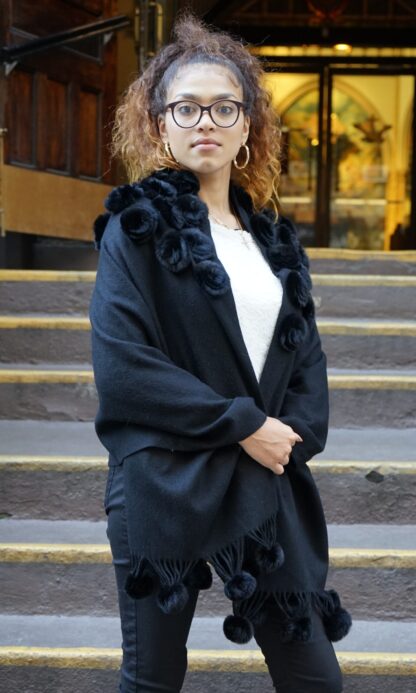 Black Wool Cashmere Cape Rex Black Rabbit Flowers 464633 - Image 2