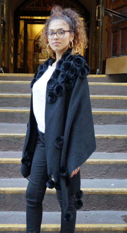Black Wool Cashmere Cape Rex Black Rabbit Flowers 464633 - Image 3