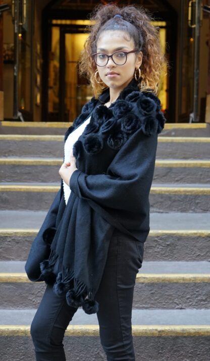 Black Wool Cashmere Cape Rex Black Rabbit Flowers 464633 - Image 4