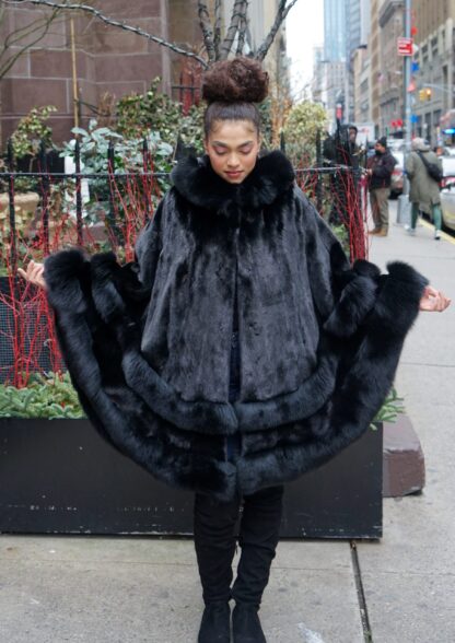 Black Mink Cape Black Fox Trim Hood 3838 - Image 3