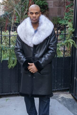 Men's Black Shearling Coat Blue Fox Collar Size M 33883