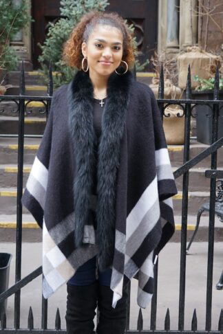 Gray Black White Cashmere Wool Black Fox Trim 645354