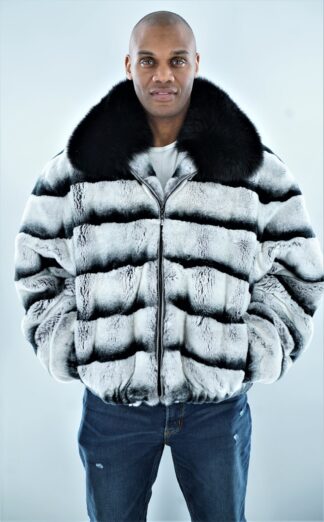 Men's Rex Rabbit Bomber Jacket Chinchilla Black Fox Collar 3462