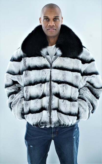 Men's Rex Rabbit Bomber Jacket Chinchilla Black Fox Collar 3462